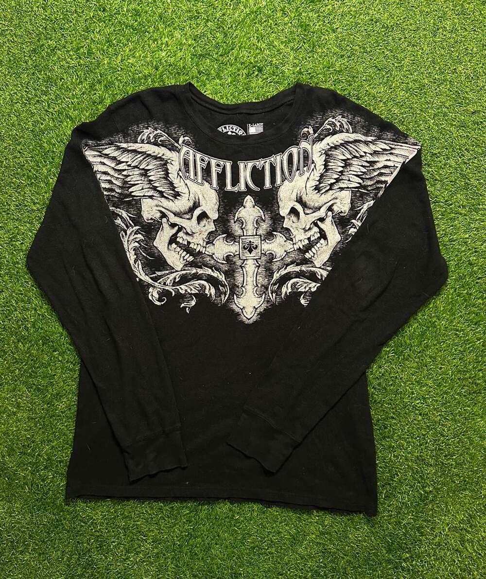 Y2K 2000s Affliction Winged Up Thermal Size XL Black Long Sleeve Shirt